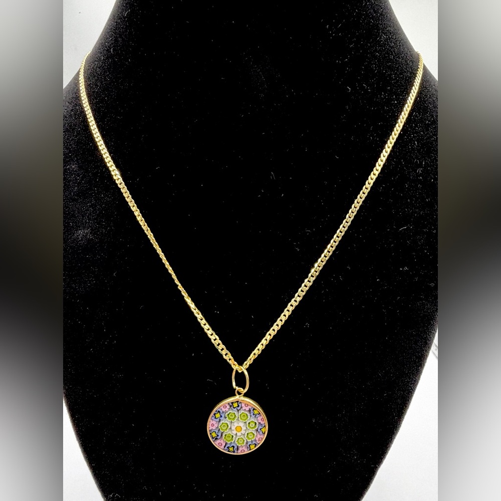 Italian 925 Sterling Silver Gold Plated Necklace w/Millefiori Glass Pendant